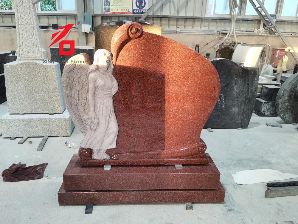 Angel Guardian Red Granite Tombstone